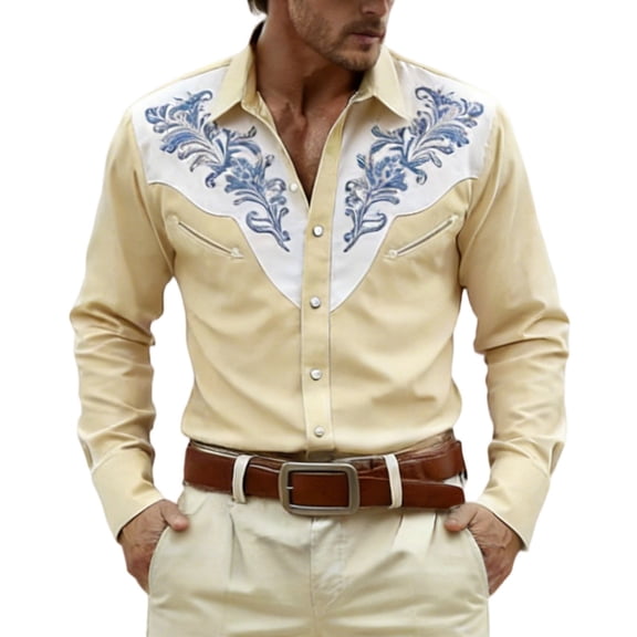 LIIPEE Men Shirts Carnival Party Floral Printed Long Sleeve Lapel Casual Cowboy Shirt Male Classic Fit Button Down Fashion Tops Comfortable Breathable Soft Shirts,Beige,L