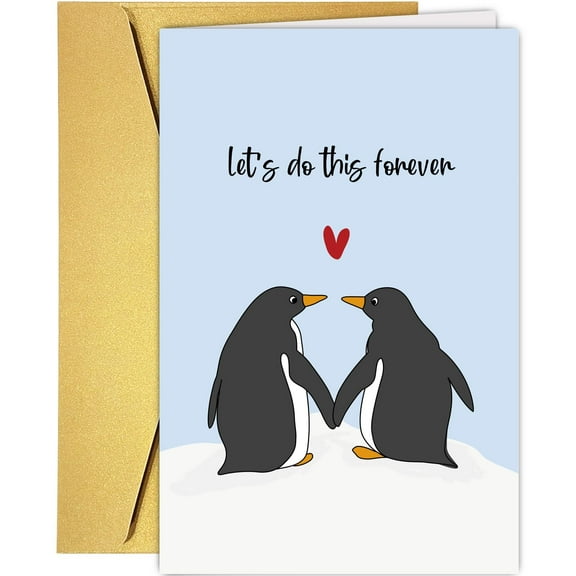 Cute Penguin Love Card – “Let’s Do This Forever” Greeting Card with Gold Envelope – Perfect for Anniversaries, Weddings or Just Because!