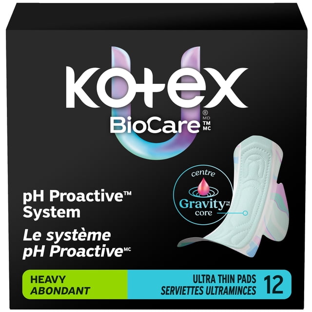 Kotex BioCare Ultra Thin Pads with Wings, Heavy Absorbency, 12 Count