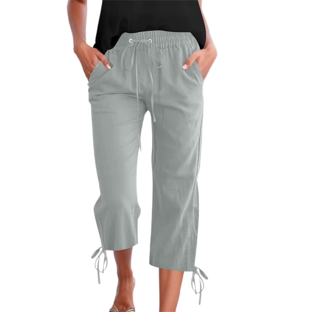 Women's Solid Color Drawstring Cropped Linen Pants - Casual Capri Trousers, Breathable Polyester Blend