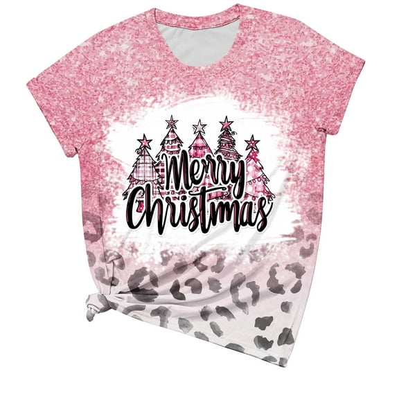 GA WEIHUA Saving,Graphic Tee Tops for Women Merry Christmas Casual Short Sleeve Shirts Loose Fit Crew Neck Cute Xmas T-Shirts Shirts for Women(Pink,XX-Large)