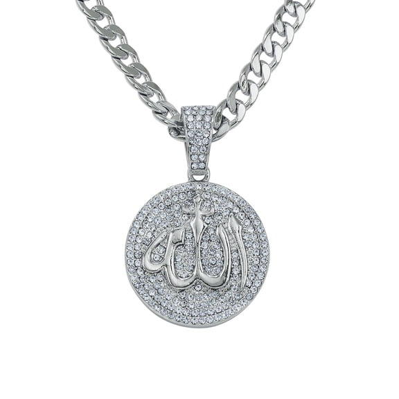 Men's 24-Inch Iced-Out Islamic Pendant Necklace with Cuban Chain – Hip Hop Inspired Religious Statement Jewelry, Gift for Him - 22mm Silver