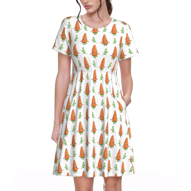 Balery Cute Carrot Print Vestidos sueltos de manga corta para mujer, vestidos de verano 2025, vestidos casuales de corte A con vuelo.