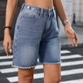 thumbnail image 6 of Roncen Women's Frayed Denim Shorts Mid Rise Raw Hem Knee-Length Jean Shorts, 6 of 7
