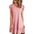 thumbnail image 2 of Women Summer Dresses Ruffle Short Sleeve Smocked V Neck Casual Loose A-Line Swing Mini Dress Sundress Pink L, 2 of 7