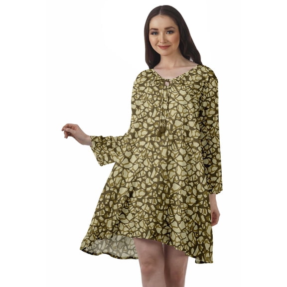 Moomaya Rayon Flared Dress For Womens Long Sleeve Printed V-Neck Casual Beach Dress For Girls