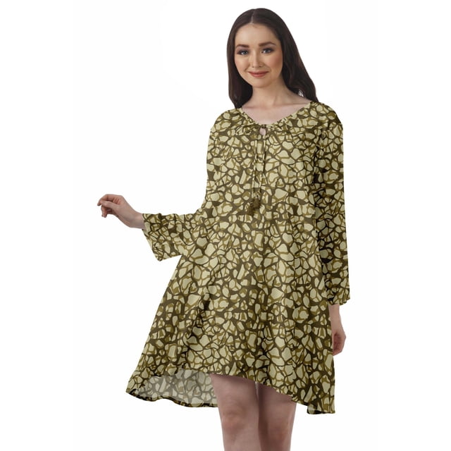 Moomaya Robe Évasée en Rayonne pour Femmes Manches Longues Imprimée Col en V Décontractée Robe de Plage pour Filles