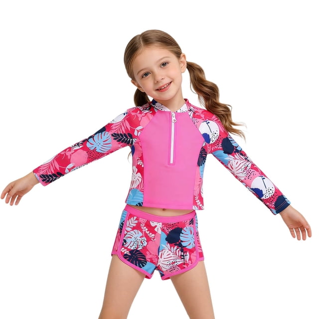 AWZXDE Swimsuit For Girls Long Sleeve Zip Up Rash Guard And Floral Print Two Piece For Surfing Sun Ages 3-7