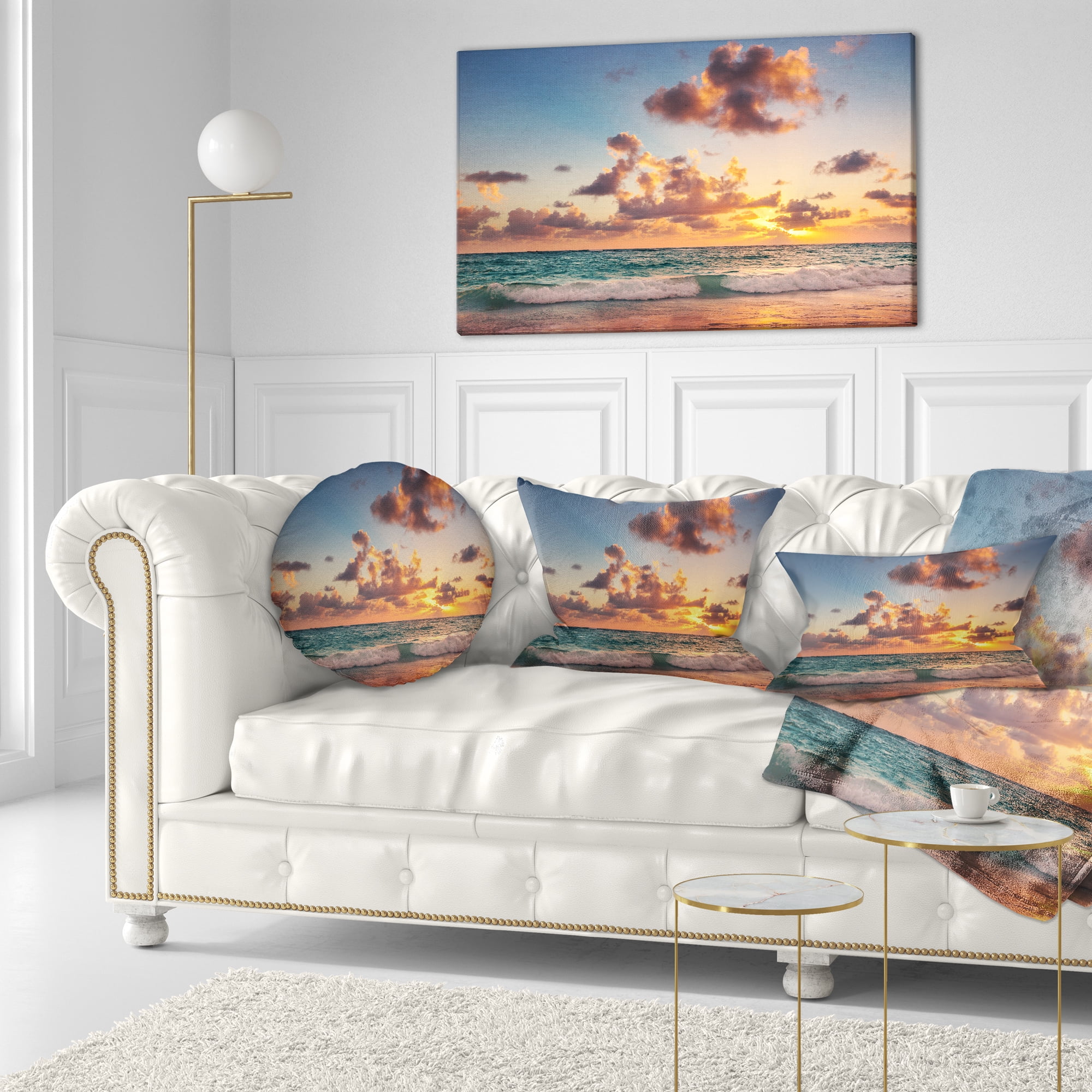 Designart Sunrise on Beach of Caribbean Sea - Beach Throw Pillow - 12x20