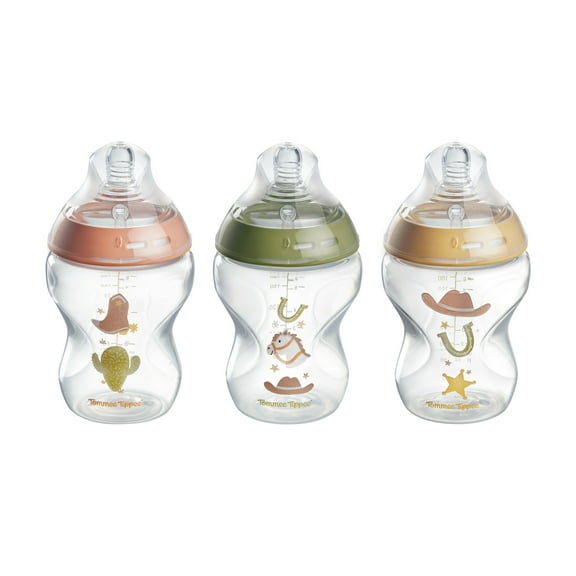 Tommee Tippee Natural Start Baby Bottles for 0m , Pack of 3, 9oz Baby Bottles, with Slow Flow Breast-Like Nipple for a Natural Latch, Self-Sterilizing and BPA Free, Decorated