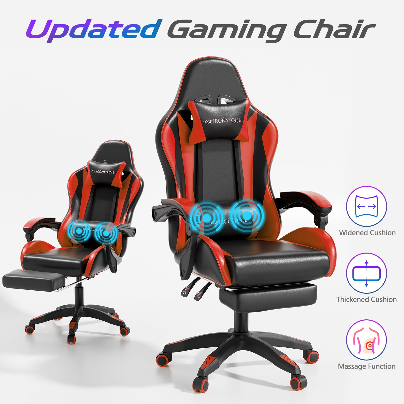 Mr IRONSTONE Ergonomic Gaming Chair with Massage Lumbar Support and Footrest, Heavy Duty 400lbs Computer Chair for Adults, Red/Black