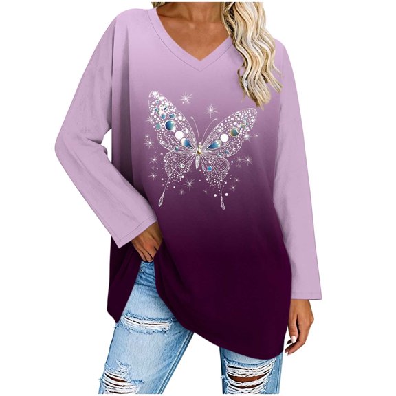 Njagoc3 Plus Size Shirts for Women Butterfly Graphic Print Shirts Long Sleeve Shirts Crew Neck Loose Fit Blouses Fall Clothes