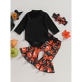 thumbnail image 2 of xiaxaixu Baby Girl Fall Outfits Solid Color Rib Knit Long Sleeve Rompers Pumpkin Print Flare Pants Headband 3Pcs Halloween Clothes Set, 2 of 9