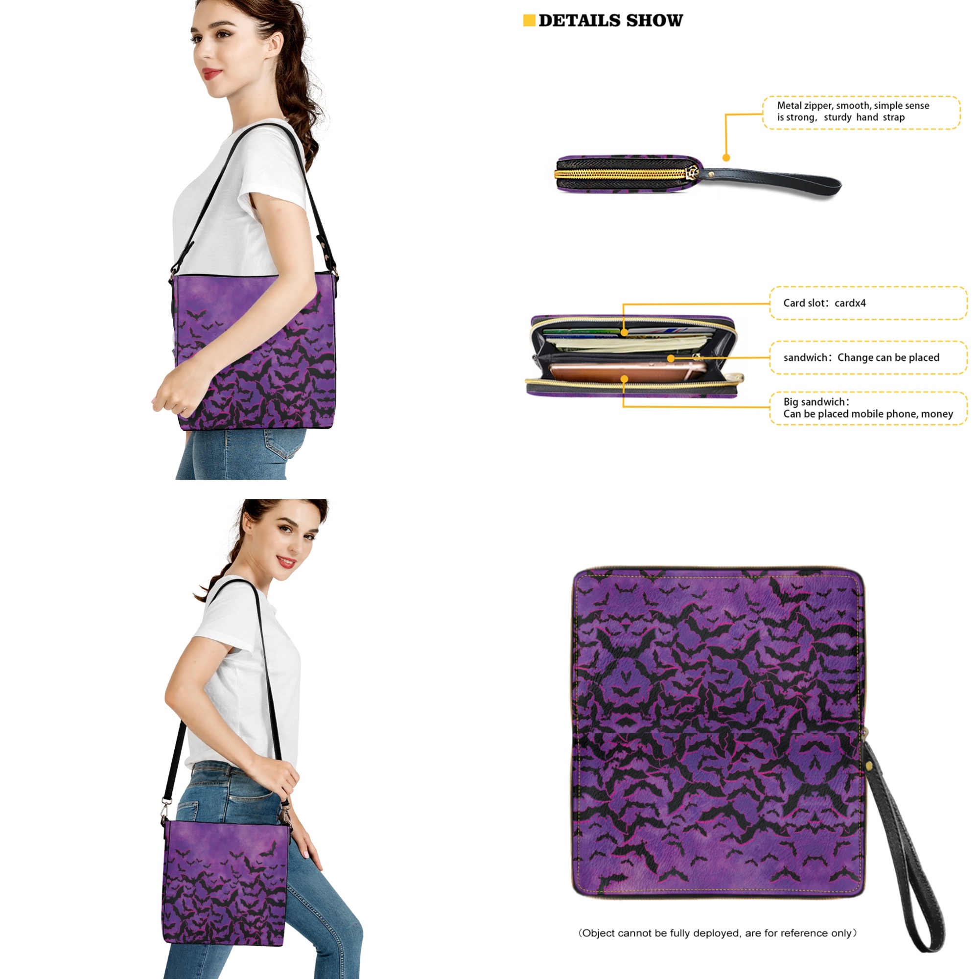 ZUXONGSY Halloween Bat Print Crossbody Handbag with Leather Wallet for Women Lady Multipurpose Bucket Bag Tote Purse Set Fashion Crossbody Hobo Bag with Wallet Set for Working