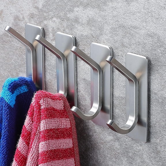 4 Pack Adhesive Towel Hooks, Stainless Steel Heavy Duty, Rustproof, No Drilling Wall Hooks for Bathroom Kitchen, Silver, Stick on Hanger for Towels, Robes, Loofahs,1.06" x 3.15" x 1.38"