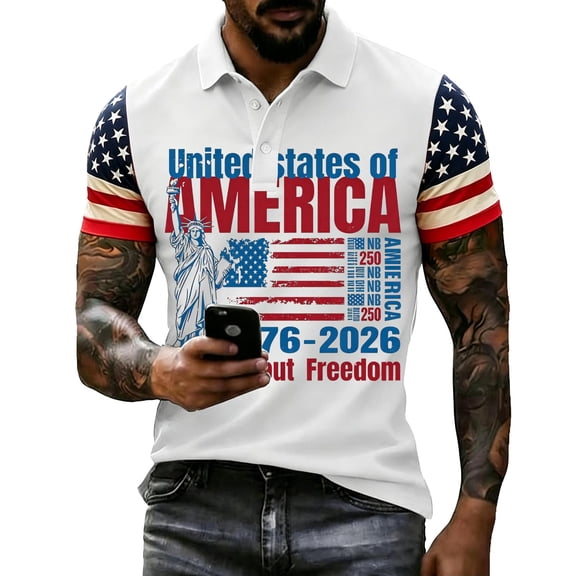 Homeyce Men's Polo Shirts 250 Years Of Liberty American Flag Golf Shirts Button Up 4th Of July Polo T-Shirts Short Sleeve Independence Day Men's Independence Day Golf Shirts,White S