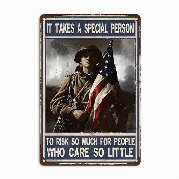 Vintage Hero Tribute Metal Tin Sign - Patriotic World War II Soldier with American Flag - Rustic Wall Decor for Home, Kitchen, Office, Bar, for Man Cave - 12x8 Inch Durable Tin Plaque
