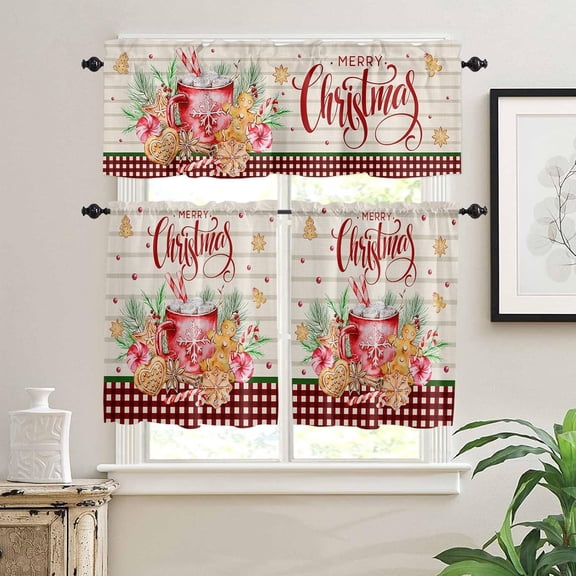 Merry Christmas Kitchen Window Curtain Set with Tiers and Valance, 3 Pieces Rod Pocket Valances Gingerbread Man Pine Needles Red Plaid Window Treatment Semi Sheer Kitchen Bedroom Decor (52"W x 18"L)
