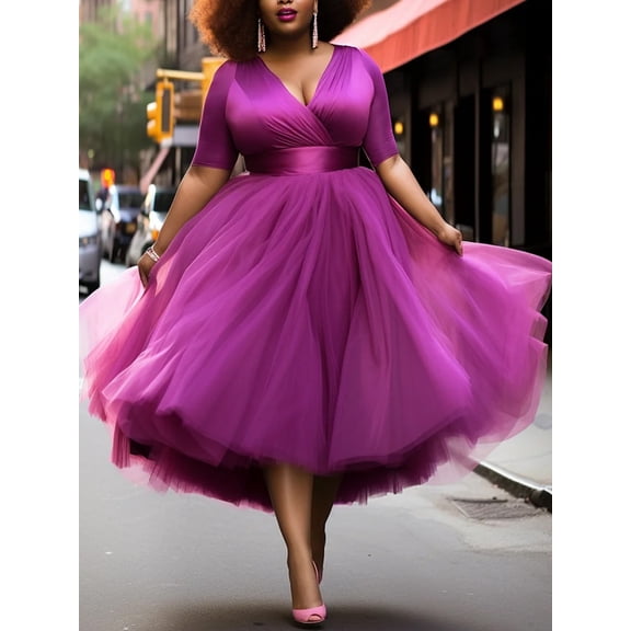 Women's Magenta Purple Tulle Midi Gown Surplice V Neck 3/4 Sleeve Ruched Waist High Low Tutu Evening Party Dress