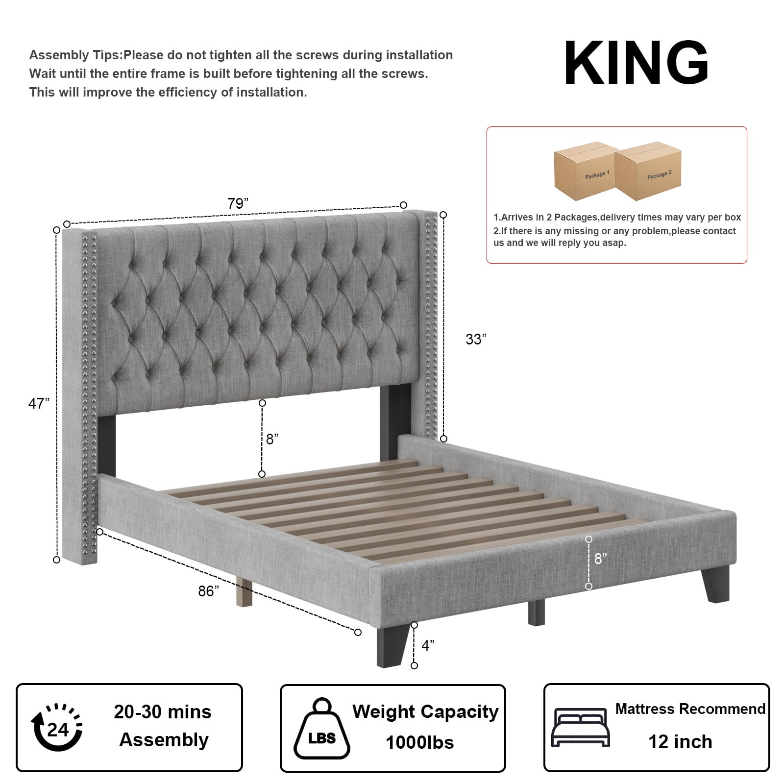 Nathaniel Home, Fabric Linen King Bed Frame, with Tufted Upholstered Headboard, Nailhead Button Platform Bed Frame for Bedroom, Gray