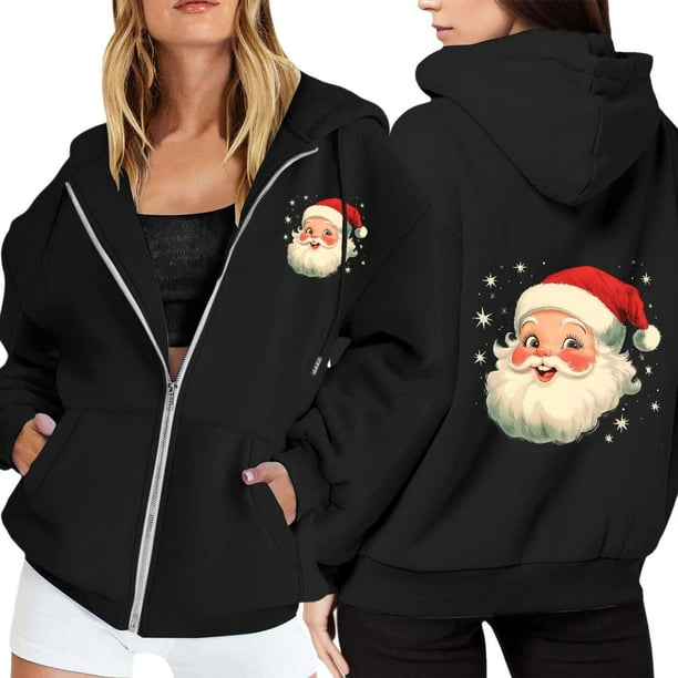 WILLBEST Sudadera de Mujer con Estampado Navideño, Cremallera, Manga Larga, Bolsillo, Cordón Ajustable y Capucha Informal XX-Grande