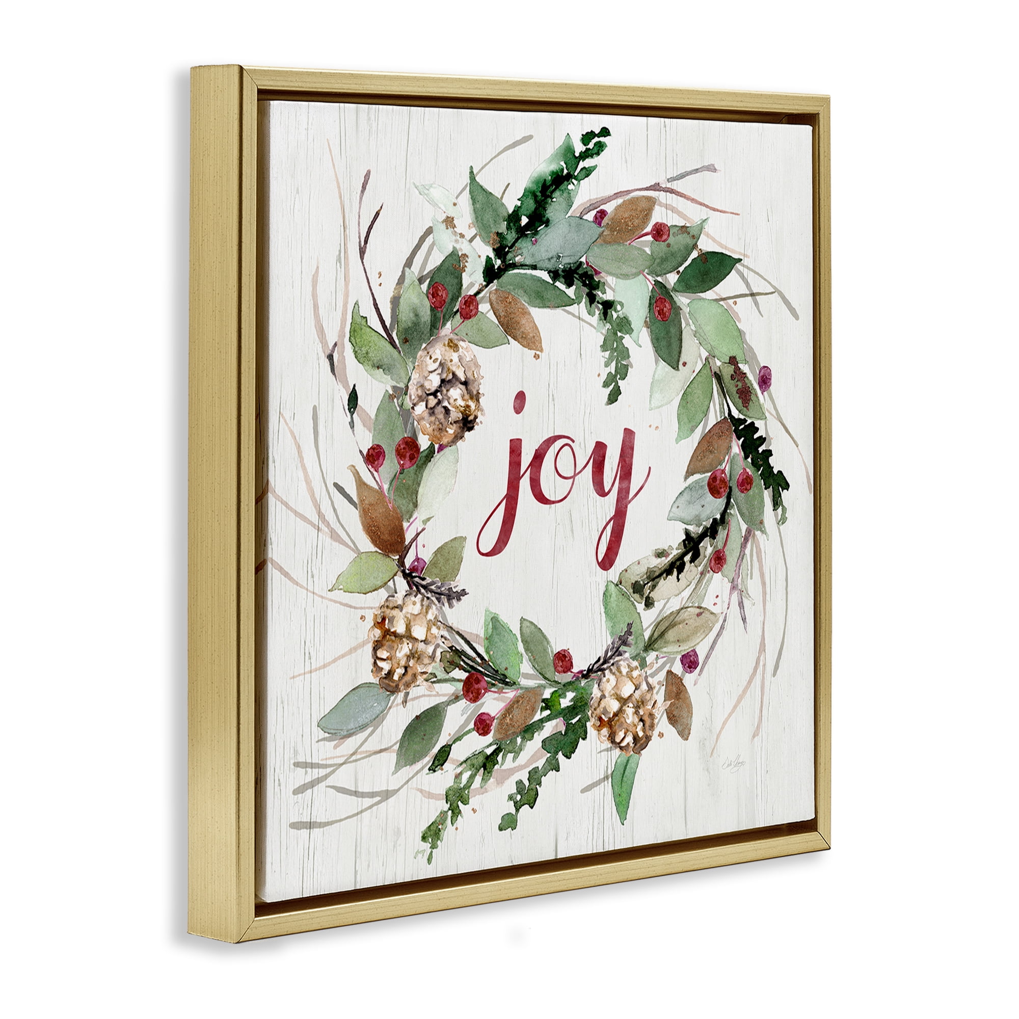Stupell Industries Joy Seasonal Wreath Botanical & Floral Painting Gold Floater Framed Canvas Art Prints Wall Art, 25 x 25