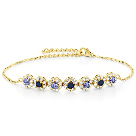 Gem Stone King 18K Yellow Gold Plated Silver Blue Tanzanite Blue Sapphire and White Zirconia Tennis Bracelet for Women (1.47 Cttw, Gemstone December Birthstone, 7 inch with 2 inch Extender)