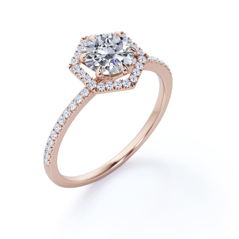 JeenMata Pave 1.75 Carat Round Shape Moissanite Hexagon Halo Six Prong Set Engagement Ring In 18K Rose Gold Plating Over Silver