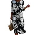 thumbnail image 3 of VBVC Women's and Women's Plus 3/4 Sleeve Midi Dress, Summer Casual Crew Neck Dress For Women, Ladies' Loose Fit Floral Dress with Pockets,Black,S-5XL, 3 of 7