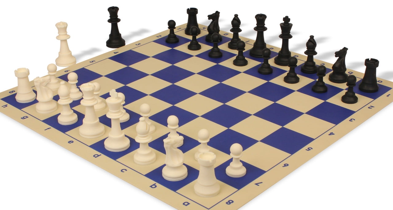 Club Special Silicone Chess Set Black & Ivory Pieces with Blue & Buff Silicone Board - 3.5" King