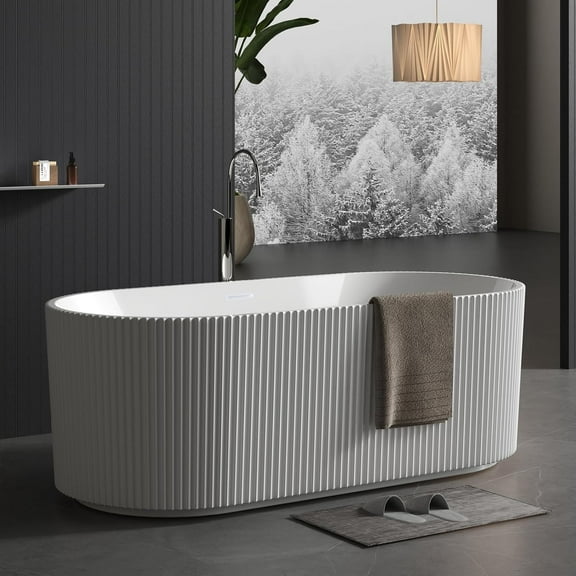 59" White Acrylic Soaking Bathtub with Pleated Design, Chrome Drain & Overflow