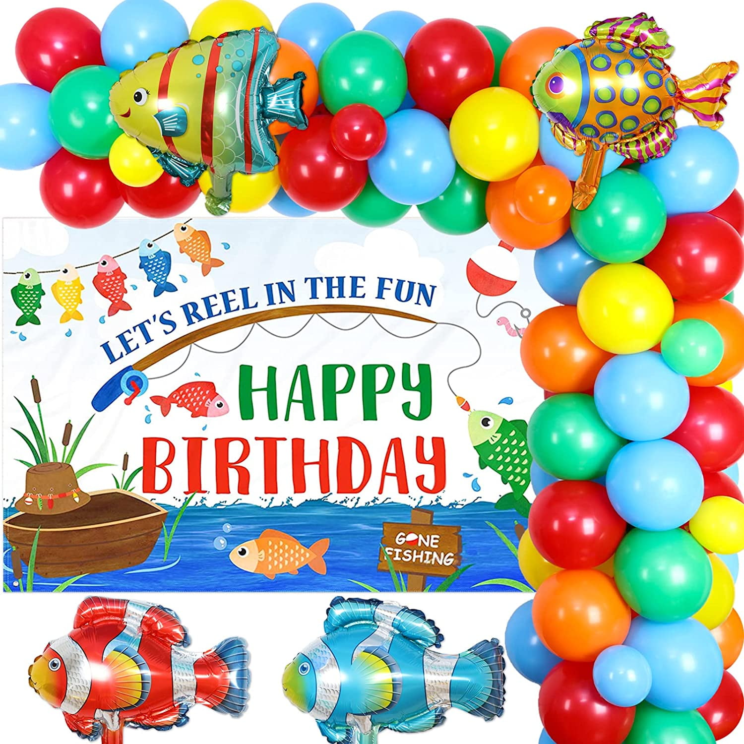 Fishing Theme Birthday Party Decorations Red Yellow Blue Green Fish Theme  Balloon Garland Kit Gone Fishing Birthday Party Backdrop Decors the Big One  Fishing Bday Party Supplies for Men Boys Fisherman 