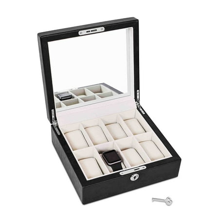 Internet's Best Men & Women 8 Watch Display Box Organizer | Faux Leather Jewelry Display Case with Interior Mirror, Lock & Key |