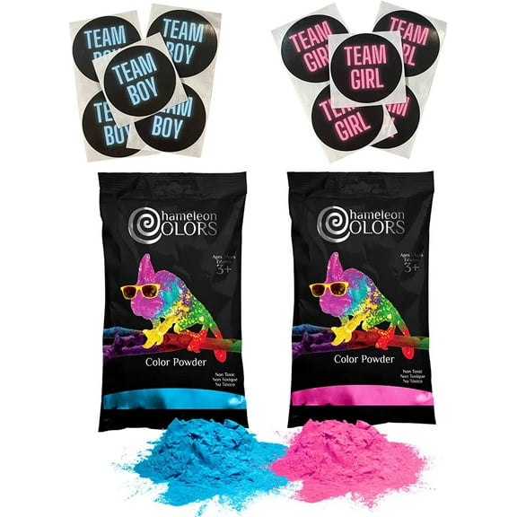 Chameleon Colors Gender Reveal Powder Kit - Includes Pink and Blue Color Powder, 5 Team Girl and 5 Team Boy Stickers - 2 lbs Color Powder