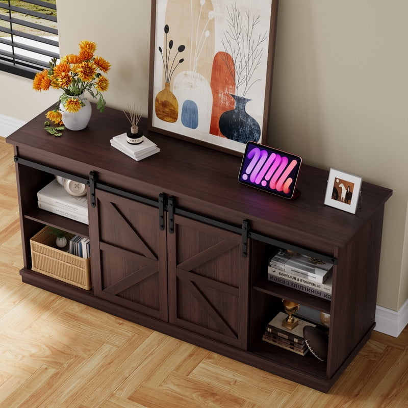 Furmax 65 inch TV Stand Entertainment Center with Sliding Barn Doors and Storage,Espresso