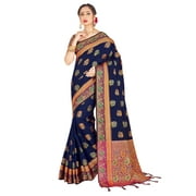 Sarees for Women Banarasi Art Silk Woven Wedding Saree - Ethnic Indian Gift Traditional Gift Sari with Unstitched Blouse Navy Blue