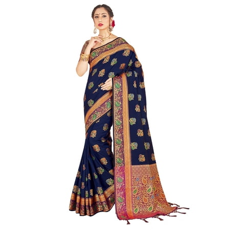 Sarees for Women Banarasi Art Silk Woven Wedding Saree - Ethnic Indian Gift Traditional Gift Sari with Unstitched Blouse Navy Blue