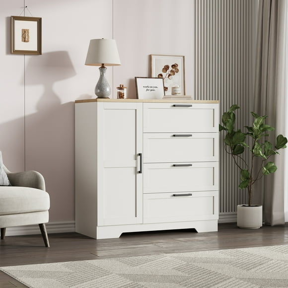PIONEERWORKS 43.3'' H Armoire Wardrobe Closet with 4 Drawers and Hanging Rod, Multifunctional Dresser with Storage Closet, Clothing Storage Cabinets for Bedroom