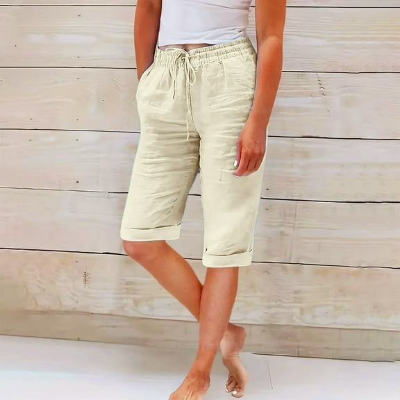 Sakmal Chino Women Shorts Straight Leg Knee Length Beige Bermuda 16" High Waisted Shorts with Pockets
