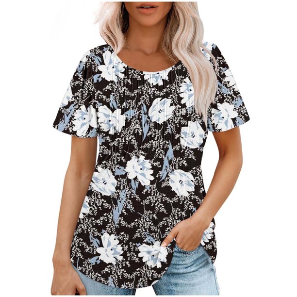 Tops Cortos para las Mujeres Cuello Redondo Suelto Impreso de Manga Corta, Tops Sueltos para las Mujeres