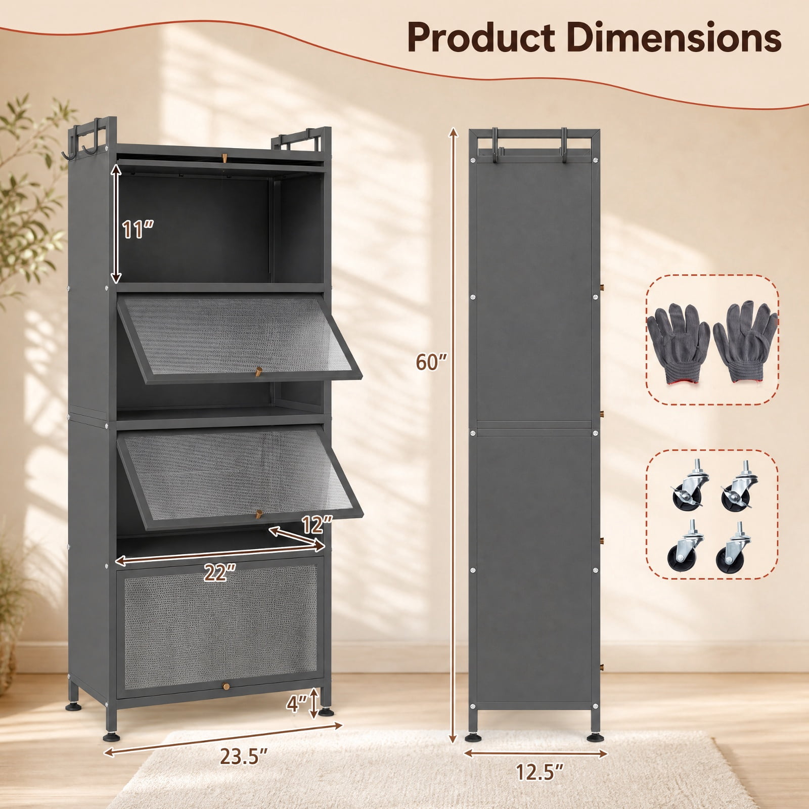 RUIE 5-Tier Rolling Kitchen Storage Cabinet with Flip-up PC Doors, Metal Baker's Rack Pantry Shelf with Universal Wheels, 165 lbs Capacity, Gray