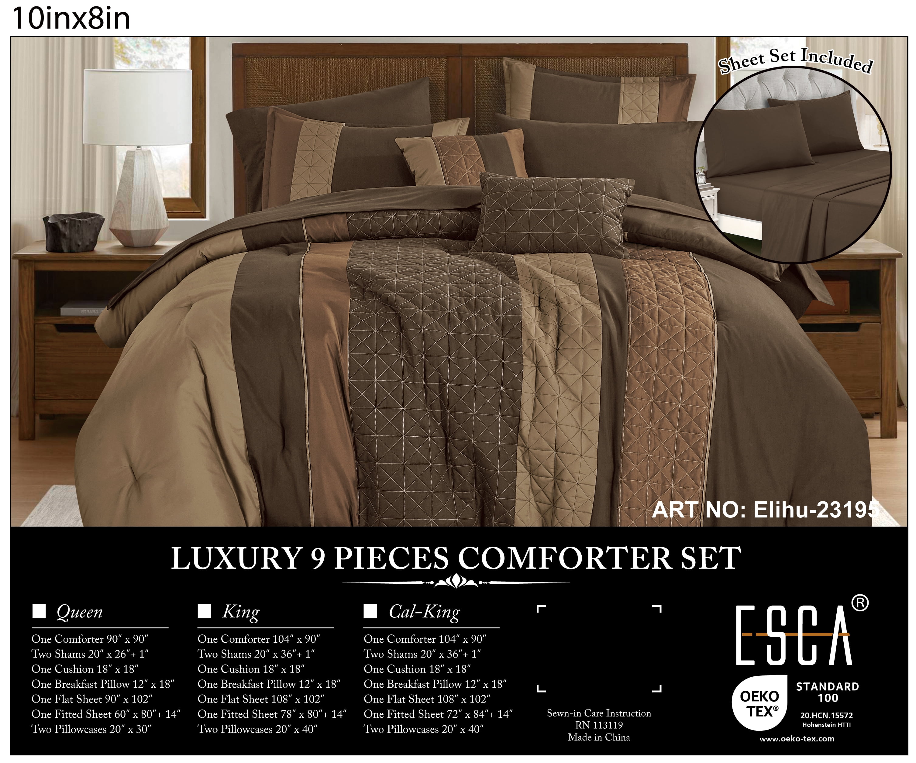 ESCA Elihu 9‑Piece Luxury Bed‑in‑a‑Bag Comforter Set, Brown Rustic Patchwork Geometric Quilted Bedding,KING
