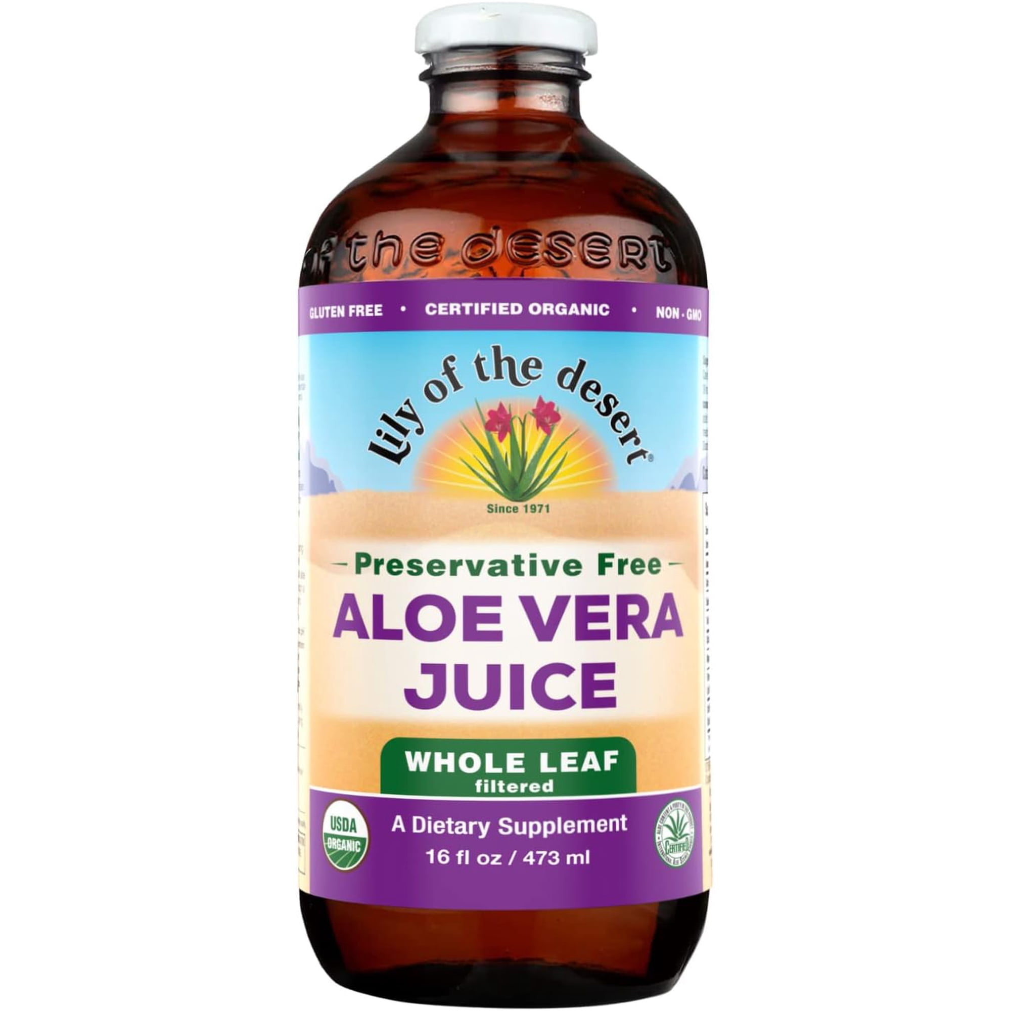 Lily of the Desert Aloe Vera Juice, Whole Leaf Filtered, Organic & Preservative Free – Natural Vitamins, Digestive Enzymes for Gut Health, Glowing Skin & Wellness, 16 Fl Oz