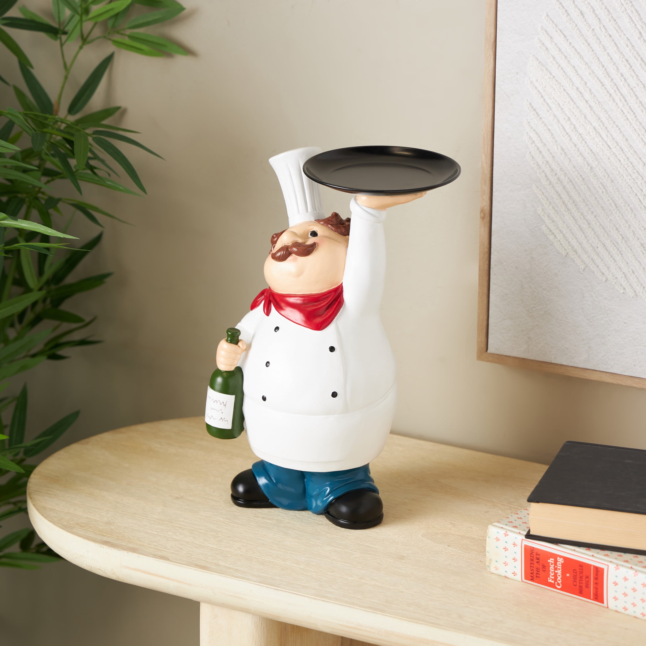 9" x 13" White Polystone Kitchen Decorative Figurine Chef Sculpture with Black Tray and Green Bottle, by DecMode