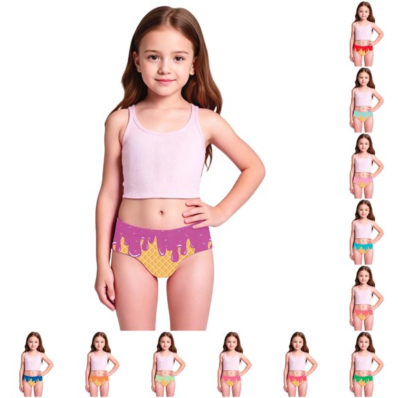 Rggeeun Child Girls Swimwear Bottoms Cute Ice Print Color Block Elastic High Waist Swim Brief Slim Fit for Summer Beach Play Cozy Shorts,Purple,6-7 Years