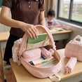 thumbnail image 7 of 3 In 1 Backpack Combo, Vertical Stripe Lace Trim Oxford Rucksack, Adjustable Padded Strap Sweet Cute School Kit for Teen Girls Daily School Shopping Trip, 7 of 7