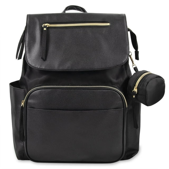 Baby Essentials Black Vegan Leather Multi-Pocket Magnetic Flap and Zipper Closure Fashion Diaper Bag Backpack with Matching 6-Ply Folding Baby Changing Pad, Stroller Straps and Pacifier Pouch in Black