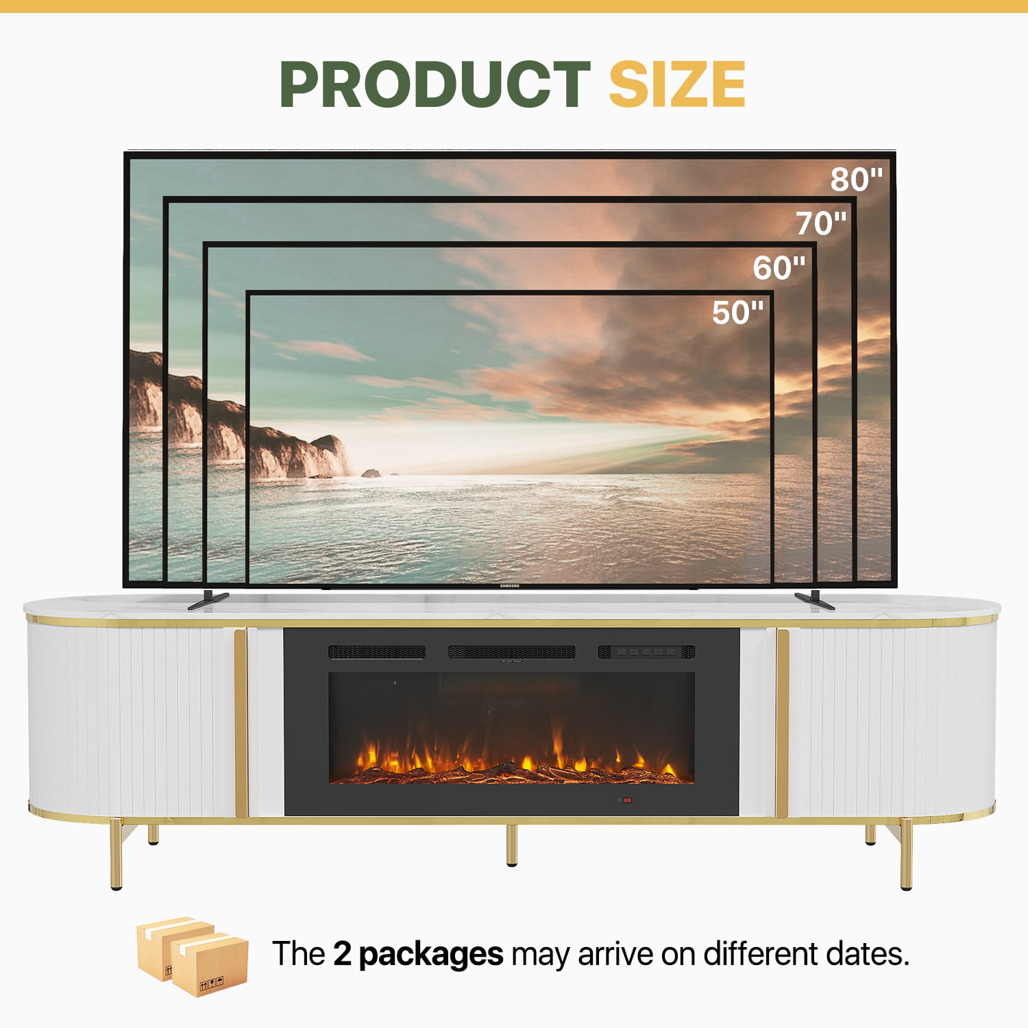 BaPiPro 70" Fireplace TV Stand with 36" Electric Fireplace for TVs up to 80", Modern Luxurious Media Console Entertainment Center with Curved Design, White