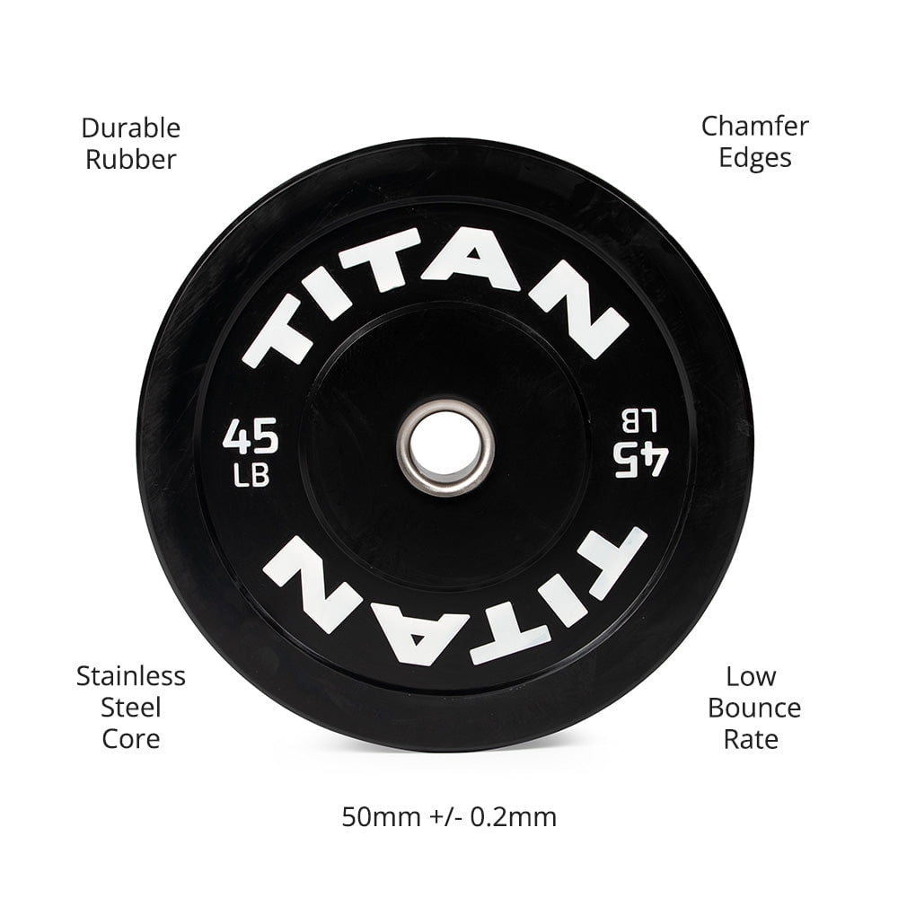 Titan Fitness 45 LB Single Economy Series Black Olympic Bumper Plate, Durable Rubber Exterior with Steel Core, Weightlifting and Strength Training Weight Plate