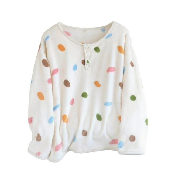 Women's Pajamas Tops Flannel Crew Neck Button Down Long Sleeve Print Pullover Soft Velvet Thermal Lounge & Sleep Wear (XL, White-C)
